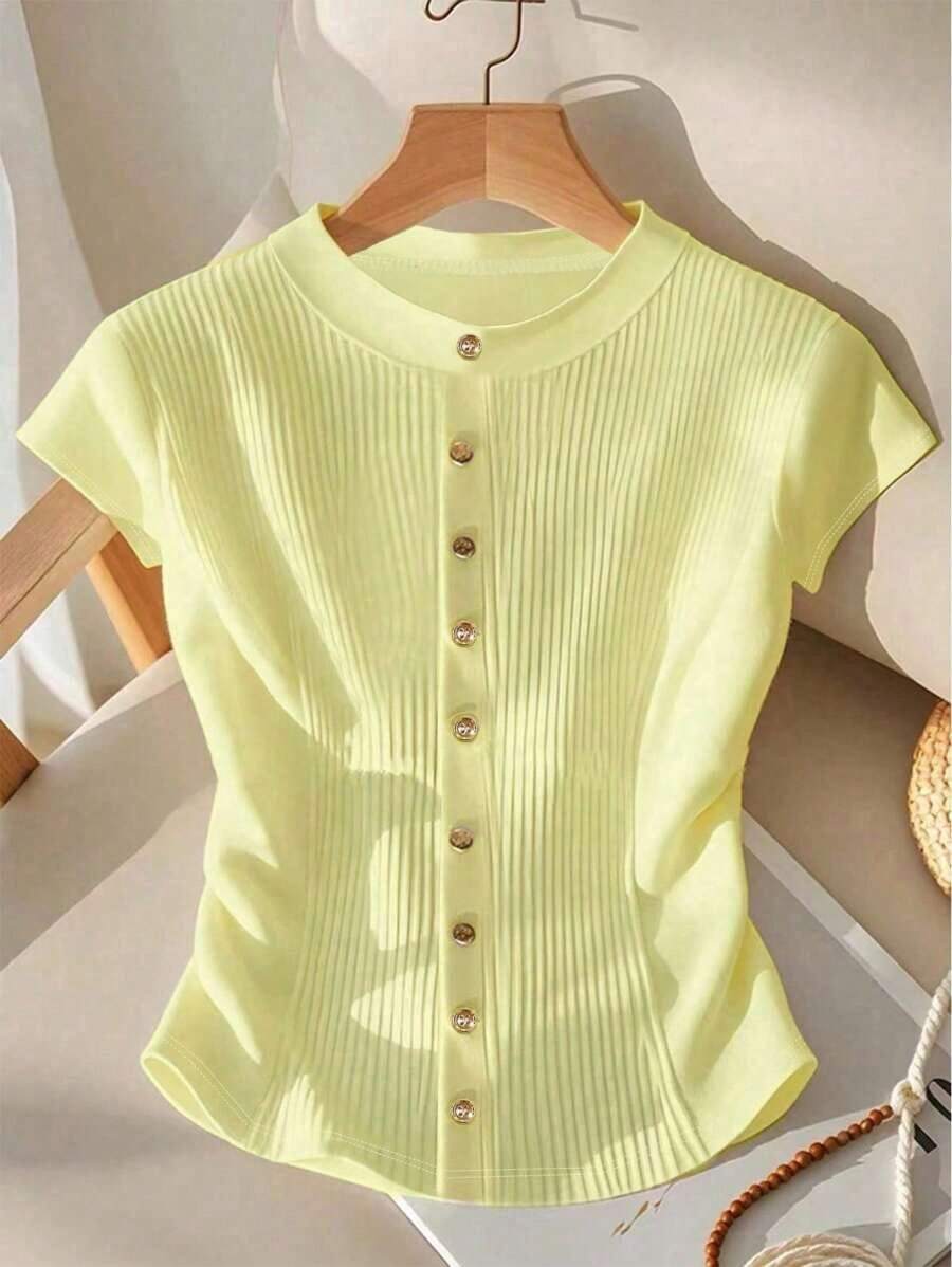 Camiseta estilo casual de verano para mujer de unicolor con botones delanteros y drapeado - Amarillo - Ver 1