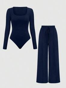 Set de 2 piezas: Top con bajo asimétrico y pantalones de unicolor - Azul marino - Ver 9