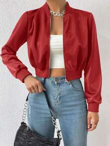 Chaqueta bomber corta con cremallera de color liso, chaqueta ligera de mujer de uso casual para primavera/otoño con manga regular, cuello tipo béisbol y ajuste regular en color negro liso - Rojo - Ver 7