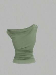 Camiseta ajustada con cuello asimétrico talla grande, top casual versátil, primavera/verano - verde menta - Ver 5