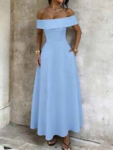 Vestido de mujer de unicolor con hombros descubiertos, nuevo vestido largo elegante y ajustado sin espalda para fiestas, uso diario y citas - Celeste - Ver 6