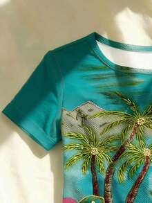 Camiseta de mujer de manga corta, cuello redondo, estilo casual y de bloques de color - Azul - Ver 4