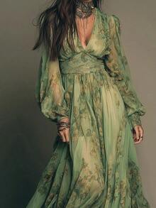 Women's Lantern Sleeve Floral Print Boho A-Line Long Dress Sheer Woven Fabric Casual Flowy Tiered Maxi - Verde Pastel - Ver 3