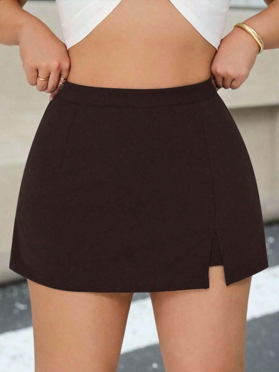 Minifalda de unicolor negro minimalista con diseño de falda pantalón para mujer talla grande, ropa casual de uso diario para invierno - Marrón Chocolate - Ver 1