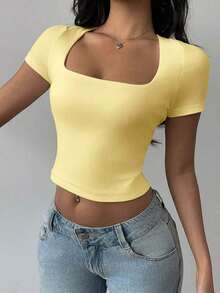 Top corto ajustado de mujer de punto con cuello convertible de unicolor - Amarillo claro - Ver 3