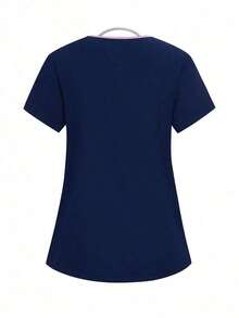 Conjunto de uniforme de pijama de unicolor con parches, cuello en V y manga corta - Azul marino 3 - Ver 4