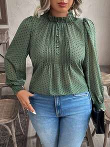 Blusa elegante de talla grande para mujer 2025 con encaje jacquard, parches y mangas con volantes, cintura ceñida y silueta evasé, adecuada para volver al colegio, graduación, vacaciones, San Valentín, festivales de música, Día de la Madre, Hallow - Verde Oscuro - Ver 6
