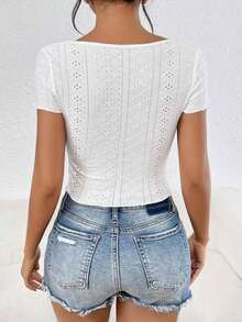 Camiseta de manga corta para mujer con cuello en V y diseño sólido de - Blanco - Ver 2