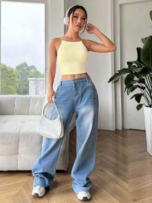Top Corto Ajustado Y Sin Mangas En Color Sólido Para Mujer Con Cuello Halter - Amarillo - Ver 5