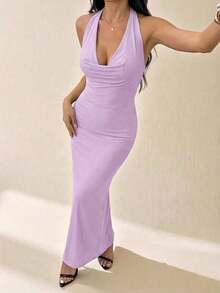Vestido elegante de mujer de unicolor con cuello drapeado de malla, vestido largo, estilo vacacional, adecuado para vacaciones de otoño/invierno - Púrpura malva - Ver 3