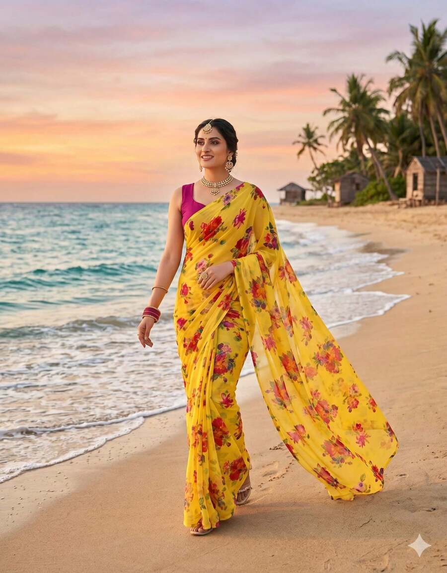 Estationeryhouse Chiffon Saree With Floral Print In Pastal Colours, Blouse Not Included - 黃色 - 查看 1