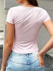 Camiseta de mujer de moda holgada de manga corta con cuello redondo para verano - Rosa Pálido - Ver 2