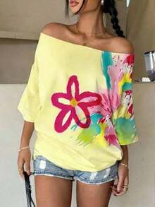Camiseta suelta de mujer con estampado floral y hombros descubiertos, manga 3/4 - Blanco 3 - Ver 4