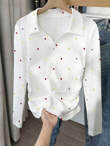 Camiseta blanca de manga larga para mujer con estampado de cerezas rojas dulces, cuello polo, cintura ajustada.Perfecta para el otoño.Nuevo estilo, camiseta de moda.Regalo para vacaciones, regalo para hermanos, regalo para hermana, regalo para mamá, regalo para el Día de la Madre.Informal, minimalista, top con estilo. - Blanco 5 - Ver 4