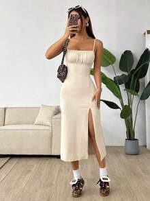 Vestido midi de leopardo con abertura lateral y tirantes - Albaricoque - Ver 4
