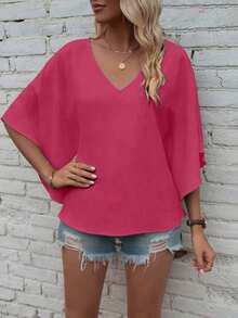 Camisa de manga corta de unicolor, cuello en V, holgada y casual para vacaciones - Rosa Fucsia 2 - Ver 6