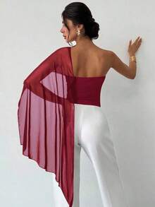 Blusa ajustada con volantes asimétricos de malla de punto con hombro asimétrico y empalme, elegante y casual, versátil, azul, adecuada para vacaciones, playa, atuendo de verano - Burdeos - Ver 2