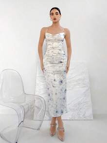 Elegante Vestido Impresión Estilo Delgado Con Tirante - Blanco - Ver 3