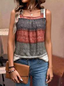 Camiseta sin mangas de mujer con bloques de color y rayas, estilo casual para vacaciones - Multicolor - Ver 5