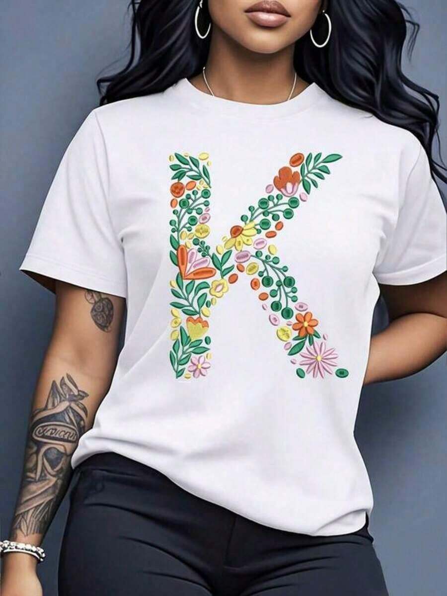 Women's Casual T-Shirt With Mexican Floral Print And Letter K, Short Sleeve, Round Neck, Vibrant And Colorful Design, Lightweight And Breathable, Perfect For Spring And Summer, Ideal For Casual Outfits, Blouses For Women - 白色 - 查看 1