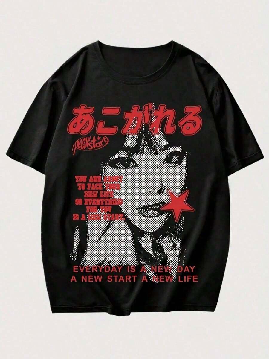 Camiseta de manga corta Y2K para mujer - Con estampado gráfico de "NO REGRET" y eslogan icónico, camiseta de estética Y2K para superposición y atuendo casual, ropa de verano, camiseta oversize, ropa de calle, cuello redondo, algodón, moda de verano, atuendo diario para mujer, camiseta holgada, adecuada para primavera, verano y otoño. - Negro - Ver 1