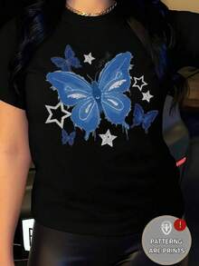New 2026 Nueva colección otoño/invierno: vestido negro con estampado patchwork de mariposas y motivos estelares, ideal para salidas, vacaciones, festivales, reuniones, celebraciones de cumpleaños, viajes y citas. Solva Camiseta de manga corta, cuello redondo, con corazón y perlas de imitación, de corte regular para mujer, para el verano Camiseta femenina casual con detalles de corazones bordados holgada de cuello redondo y manga corta para primavera-verano ideal para uso diario - Negro - Ver 6