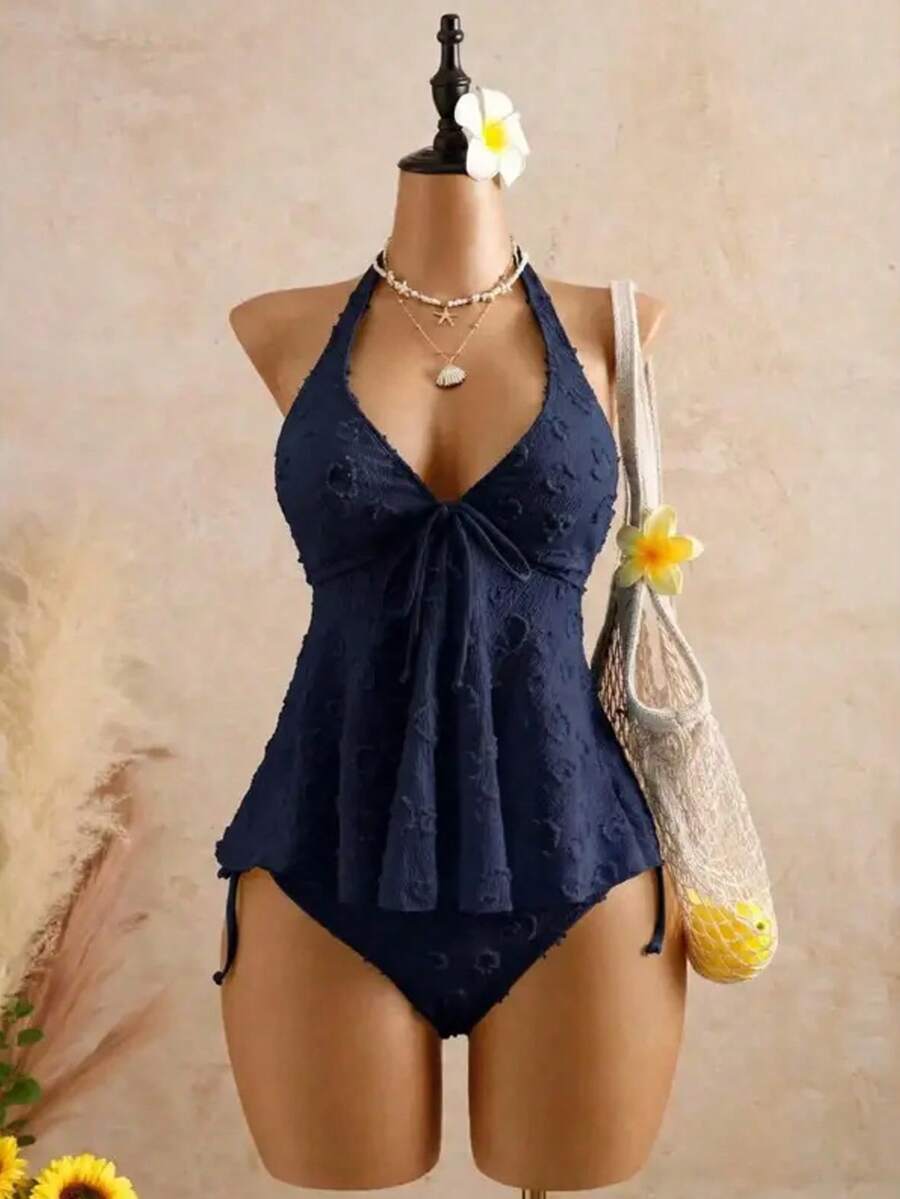 Lace Swimsuit With Halter Neck, Adjustable Straps, Ruffles, Two-Piece Bikini That Enhances The Figure, Ideal For Hot Springs. - Navy Blue - View 1