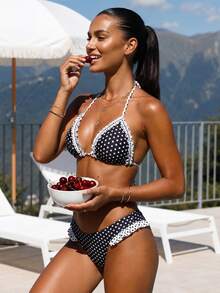Women 2-Piece Bikini Dot Print Backless Halter Neck Bra And Ruffles Panties Sets For Summer Bathing Suit - Black - View 7