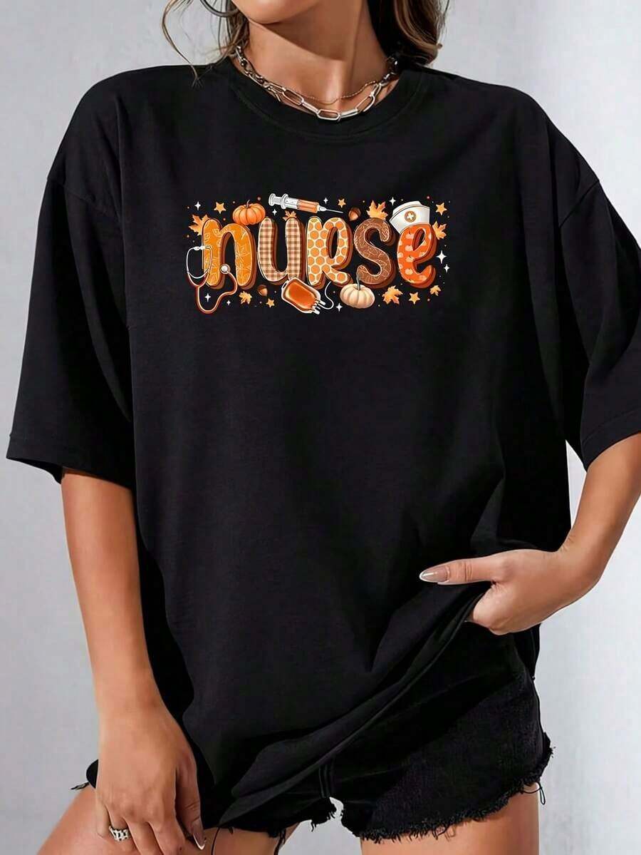 Women's Sets: Women's Fall Nurse T-Shirt, 100% Polyester, Plus Size, Casual, Fun, Graphic Print, Short Sleeve, 1 Piece, Crew Neck, Novelty, Women's T-Shirts - 黑色 - 查看 1