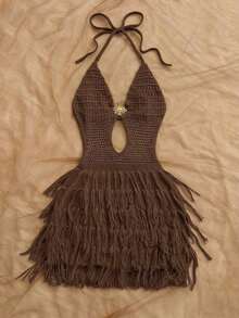 Vestido de suéter ajustado con cuello en V, escote halter y espalda con lazo, estilo bohemio, para vacaciones, otoño/invierno - Café integral - Ver 4