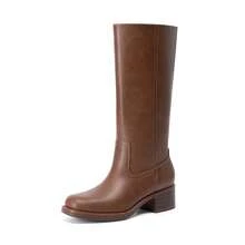 Women's Mid Calf Riding Boots Square Toe Retro Banana Boots Chunky Block Heel Pull-On Fashion Boots - Brown - View 5