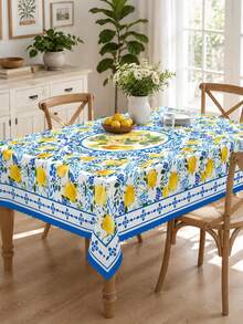 1pc-Summer Lemon Table Cover, Mediterranean Blue Floral Print Decorative Table Cloth, Wrinkle Resistant , For Kitchen Dining Room, Patio, Backyard BBQ, Garden Party, Picnic, Indoor Outdoor Summer Holiday Gathering, Easy Clean Reusable - Multicolor - View 7