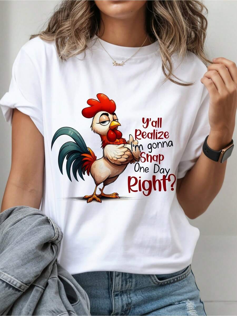 Women's T-Shirt With A Fun Cartoon Rooster Print - Playful Text Design "You Should Know Which Day I'm Going To Explode, Right?" - A Great Choice For Summer Outings, Casual Get-Togethers, And As A Gift For Friends And Family! - 白色的 - 查看 1