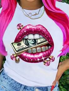 Short-Sleeved T-Shirt With Graphic Prints Of Beautiful Lips, Diamonds, Gems And Dollars, Casual Round Neck Top For Spring And Summer, Women's Clothing - 白色的 - 查看 2