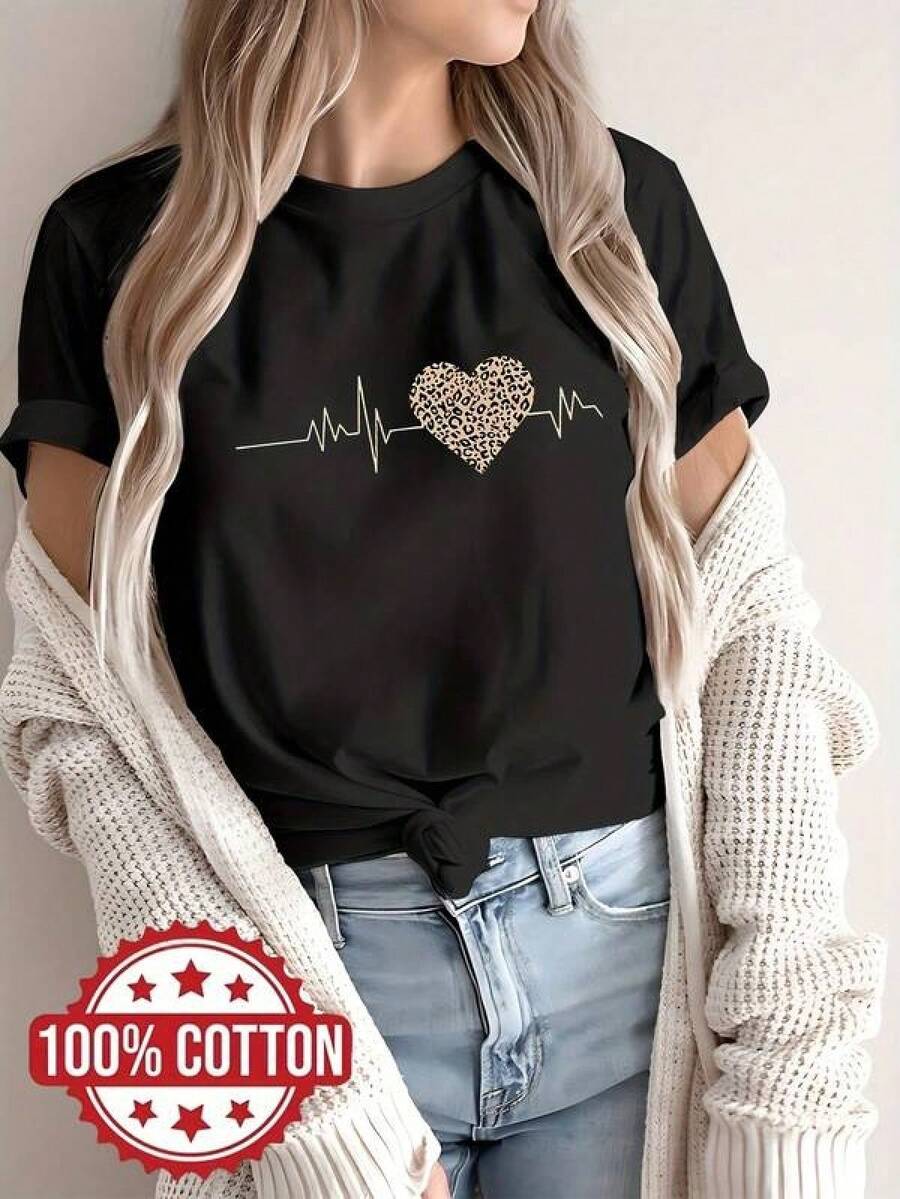 2026 Women's Casual Short Sleeve T-Shirt With Artistic Heart Graphic Print And Leopard Spot, Black With Gold Design, Relaxed Fit For Spring/Summer, Machine Washable NC-11665, Ladies' T-Shirts, Summer Fashion, Soft Fabric 1pc 180g Unisex Loose Crewneck T-Shirt - 黑色 - 查看 1