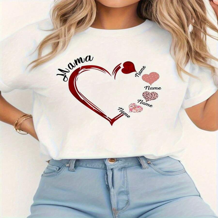 Womens Round Neck Short Sleeve Cotton T-Shirt with Mama Heart Print Casual Sexy Elegant Top - Blanco - Ver 1