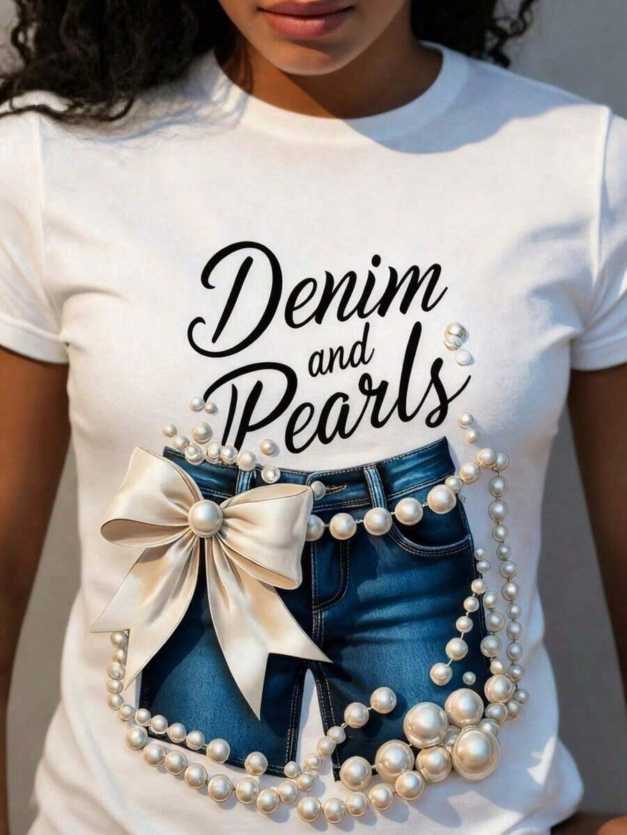 Camisetas de Mujer de Mezclilla y Perlas con Lazo, 100% Transpirables, Cuello Redondo Blanco, Casuales y Sencillas, Lavables a Máquina, Cómodas y Ajustadas para el Verano, Un Regalo para Familiares, Camiseta de Algodón - Blanco - Ver 1