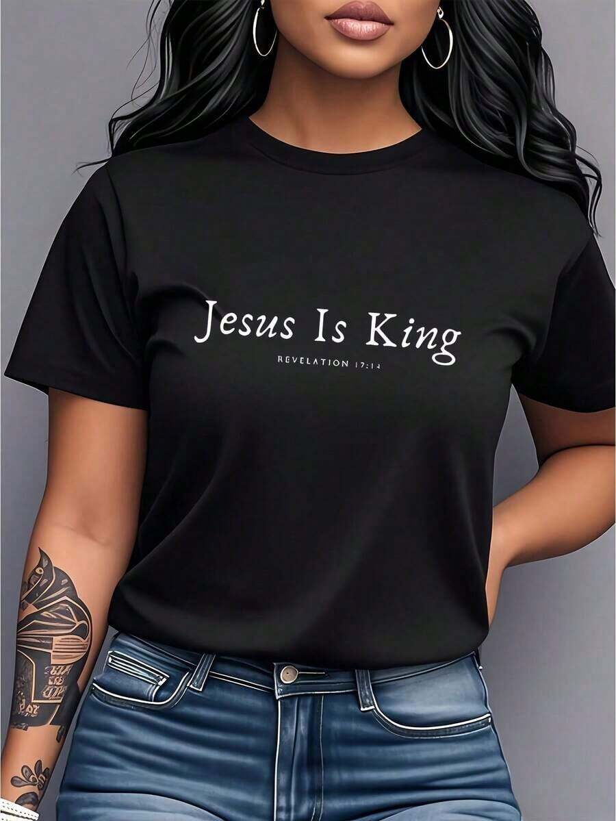 Jesus Is King Print T-Shirt, Short Sleeve Crew Neck Casual Top, Women's Clothing Stylish And Simple Design Shows Faith And Personality Suitable For Daily Wear Parties Religious And Giftsplayeras de mujer - Negro - Ver 1
