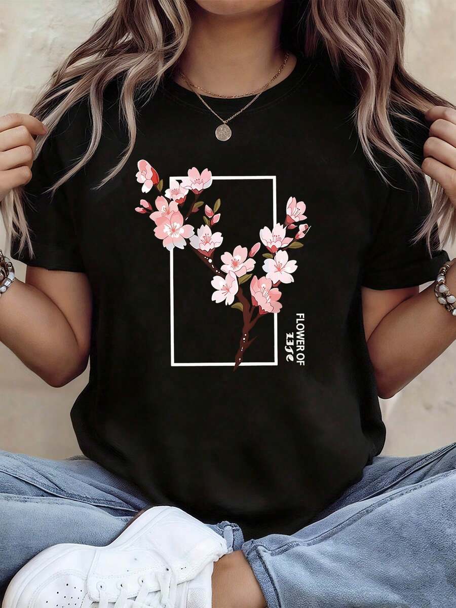 Camiseta de Mujer con Estampado de la Flor de la Vida y Rama de Flor de Cerezo, Cuello Redondo, Estilo Simple y Artístico para Entusiastas de la Flor de Cerezo, Ropa para el Uso Diario en el Trabajo. - Negro - Ver 1