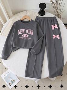 Young Girl Letter Print Crew Neck Sweatshirt And Bow Decoration Long Pants - Dark Grey - View 1