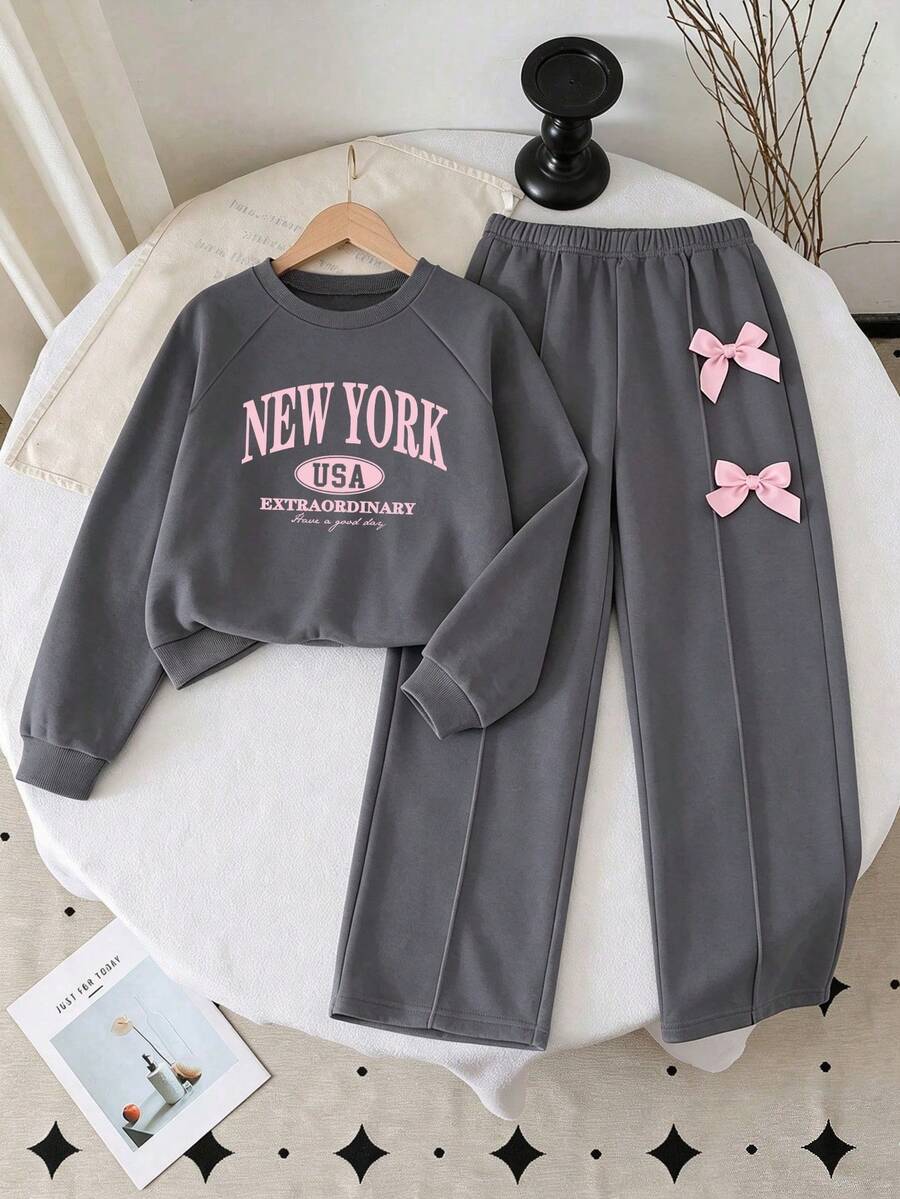 Young Girl Letter Print Crew Neck Sweatshirt And Bow Decoration Long Pants - Dark Grey - View 1