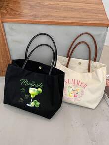 鮮豔檸檬印花托特包，可重複使用印花女款托特包，雙手把購物書包，大容量單肩包，休閒通勤 - 彩色 - 查看 3