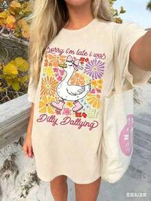 Sorry I'm Late, I Was Messing Around. Casual Short-Sleeved T-Shirt With A Round Neck And A Fun Mom Goose Print, Casual Short-Sleeved T-Shirt With A Bohemian Floral Print,  Spring/Summer Blouses For Women. - 杏色 - 查看 3