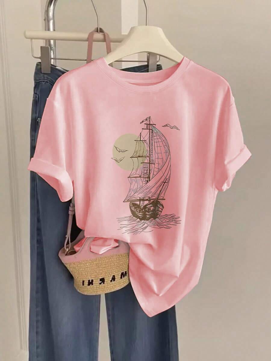 Women's Casual Short Sleeve T-Shirt - Nautical Boat And Bird Print, Breathable Summer Top, Machine Washable, Relaxed White Shirt For Spring/Summer, Comfortable Clothing - 羅莎 - 查看 1