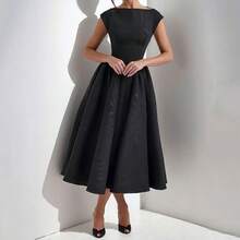 Women's Boat Neck Cap Sleeve Midi Dress, Corset Waist A-Line Flare Dress, Elegant Formal & Bridesmaid Dress - 黑色 - 查看 4