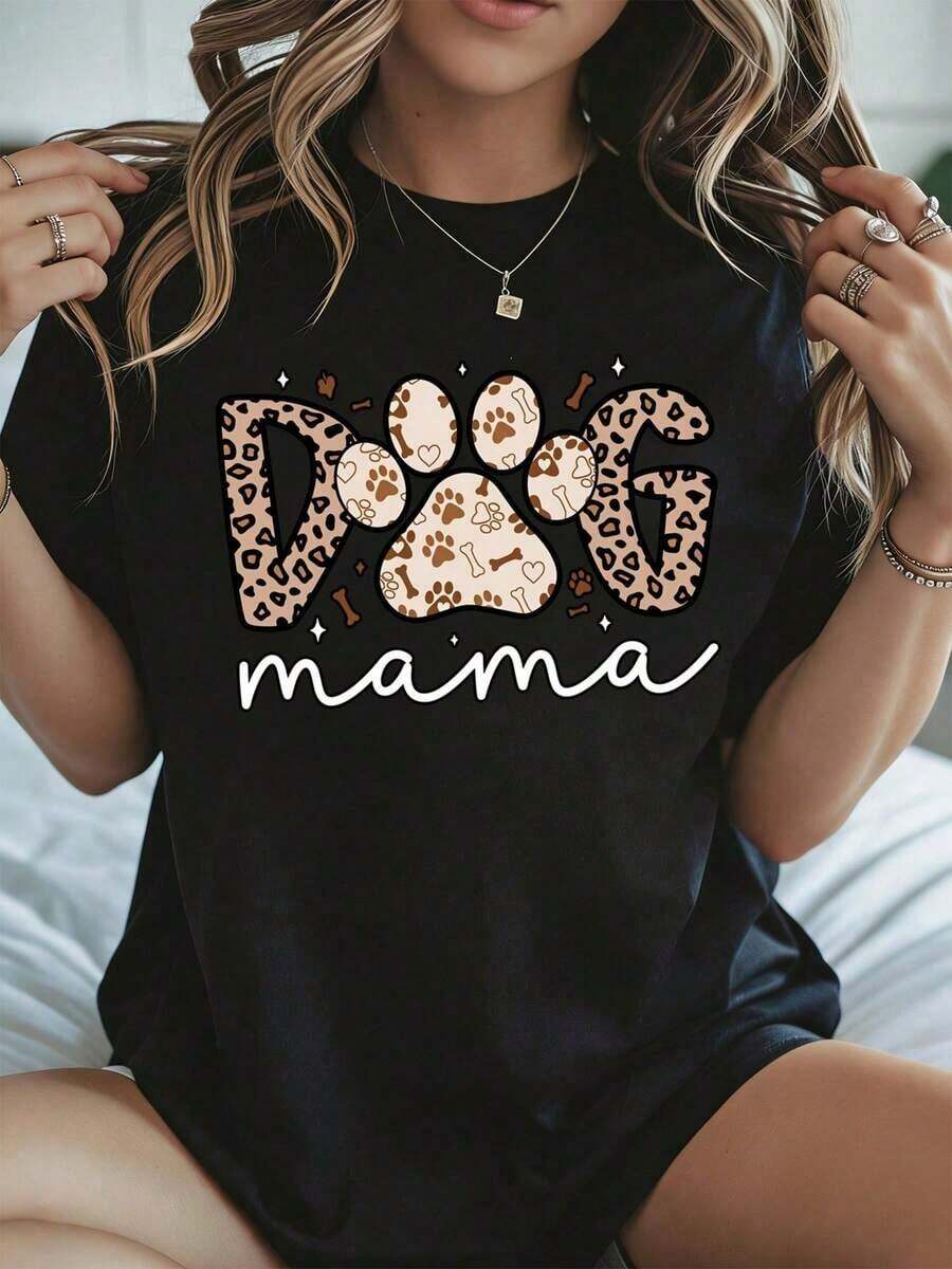 Elegante y casual para mujer, manga corta, camiseta con estampado de pata de leopardo "Dog Mama", regalo para el Día de la Madre para amantes de los perros, ropa casual blanca para primavera y verano. - Negro - Ver 1