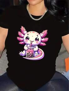 Camiseta de manga corta para mujer con un lindo diseño de un tigre acuático rosa bebiendo té con leche. |   Tela ligera, adecuada para uso casual en casa o en una cafetería, diseño cómodo y duradero, cuello redondo, tela ligeramente elástica. - Negro - Ver 1