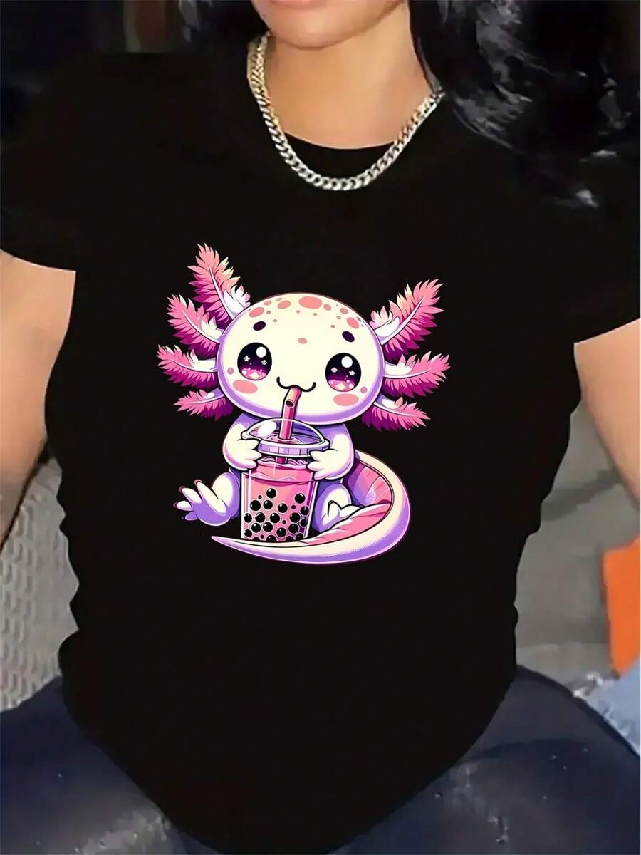 Camiseta de manga corta para mujer con un lindo diseño de un tigre acuático rosa bebiendo té con leche. | Tela ligera, adecuada para uso casual en casa o en una cafetería, diseño cómodo y duradero, cuello redondo, tela ligeramente elástica. - Negro - Ver 1