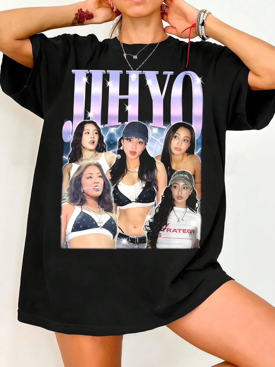 Jihyo Twic.E Unisex T-Shirt K-Pop Idol Music Merch. Vintage Graphic Print Casual Black Cotton Short-Sleeve T-Shirt - 黑色 - 查看 1