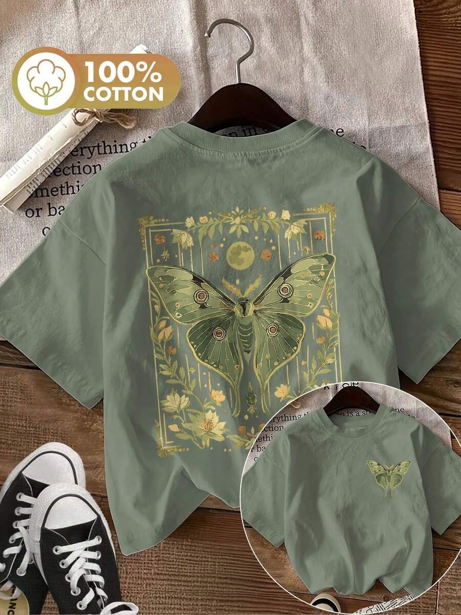 Limited Edition: Women's Casual Summer T-Shirt With Vintage Style Double-Sided Moth And Plant Print, Round Neck, Short Sleeve, Lightweight Cotton - 綠色 - 查看 1